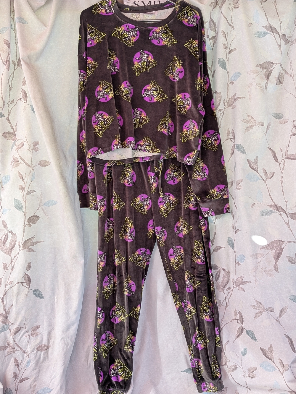 Beetlejuice Plush Long-Sleeve Pajama Set in Purple and Black